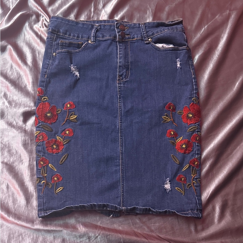 Embroidered Denim Skirt with Red Floral Design